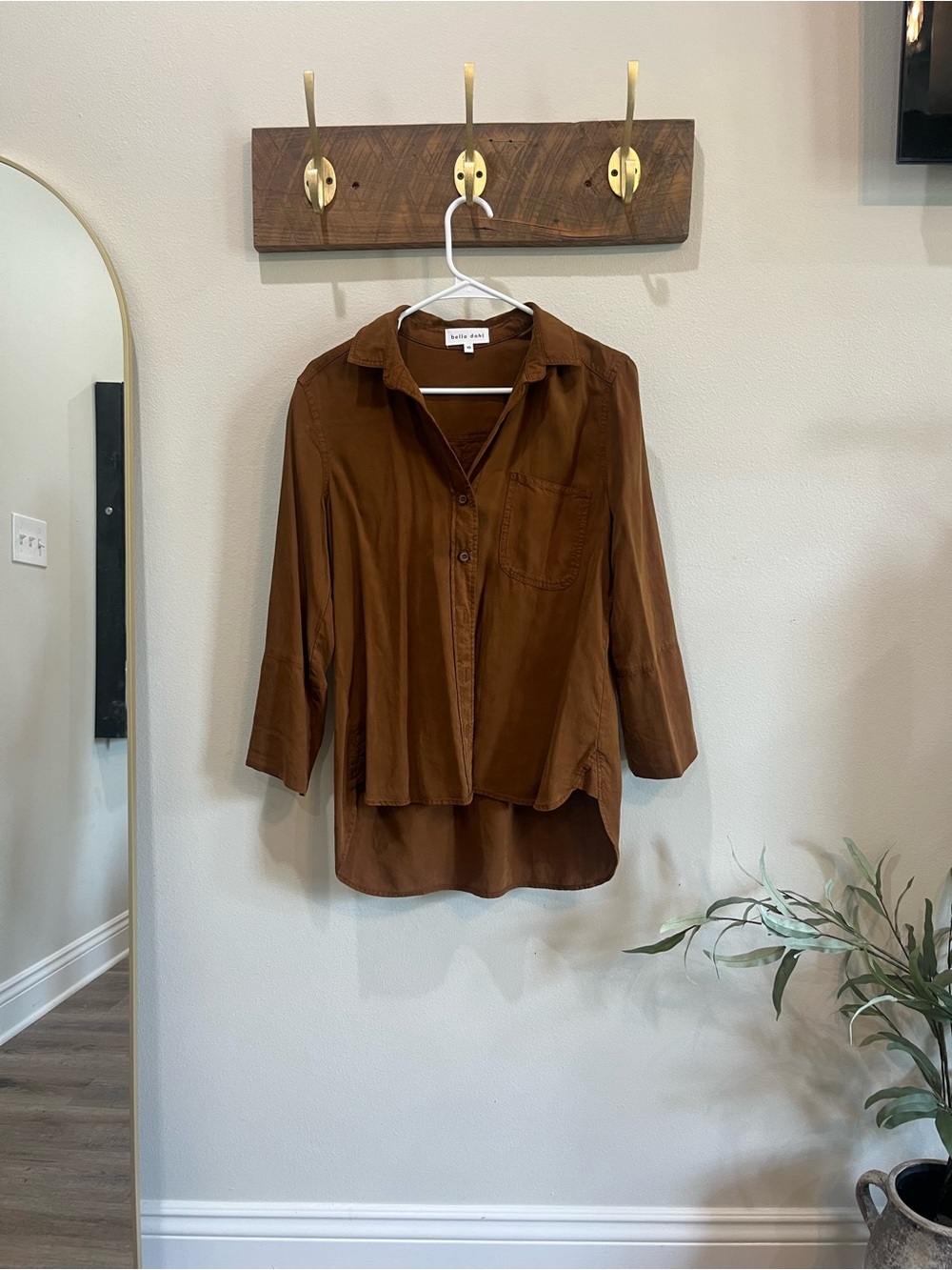 Bella Dahl Rust Brown Button-Down Shirt, long back.